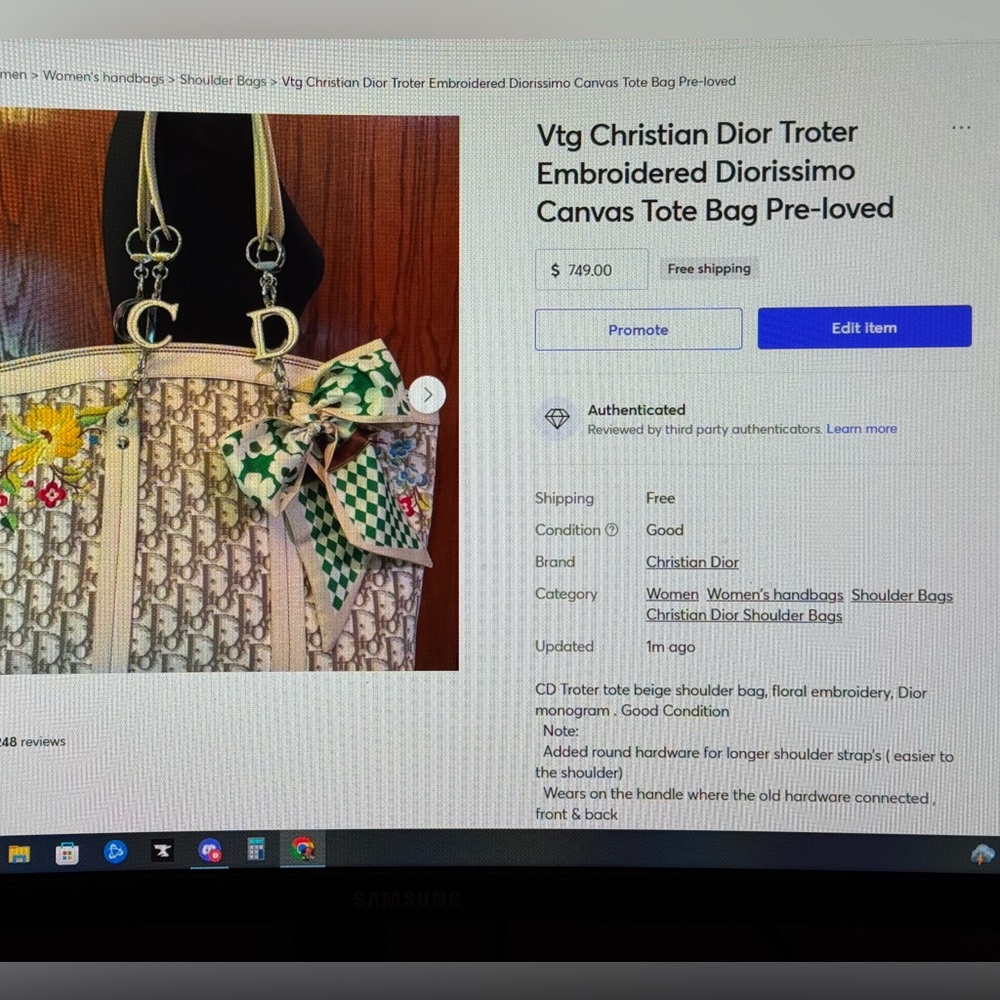 Vtg Authentic Christian Dior Troter Embroidered Diorissimo Canvas Tote Bag - Picture 16 of 16